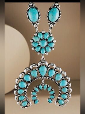 Turquoise Squash Blossom Statement Necklace – Western Boho Silver Tone